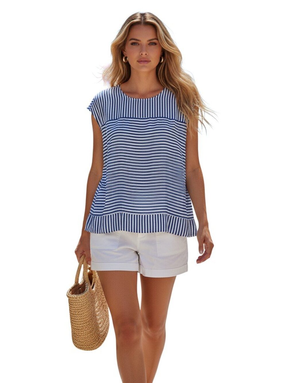 NWT GAP Striped Boxy Blouse Women’s Large Blue White Rayon Cap Sleeve